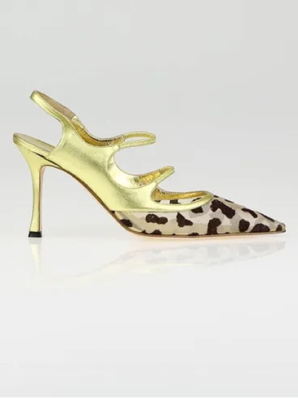 Manolo Blahnik Gold Metallic & Leopard Print Pumps Pointed Toe Heels Size 38